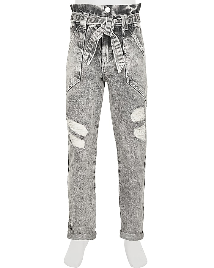 Girls grey ripped paperbag jeans