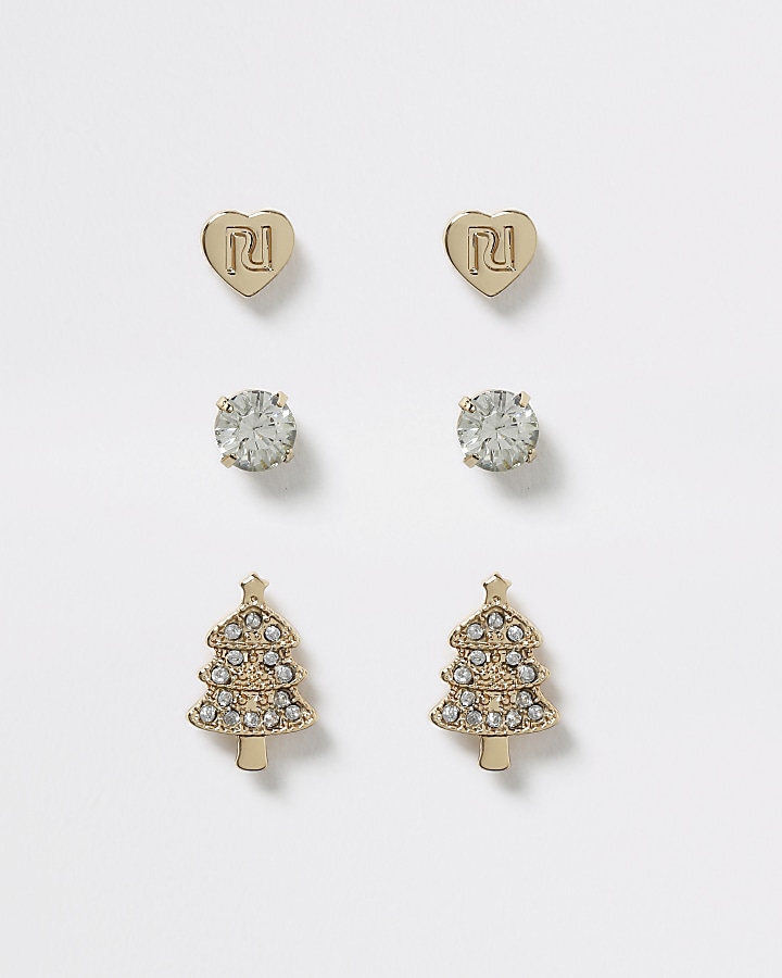 Girls gold tone diamante stud earrings 3 pack