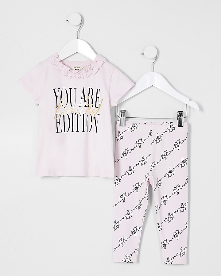 Mini girls pink ruffle t-shirt legging set