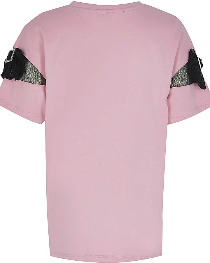 Girls pink 'Couture' bow sleeve t-shirt