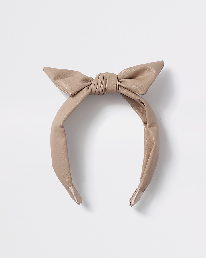 Girls brown faux leather bow headband