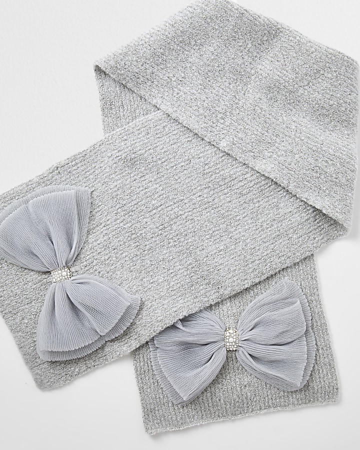 Girls grey tulle bow trim scarf