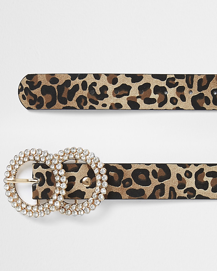 Girls brown leopard print diamante belt