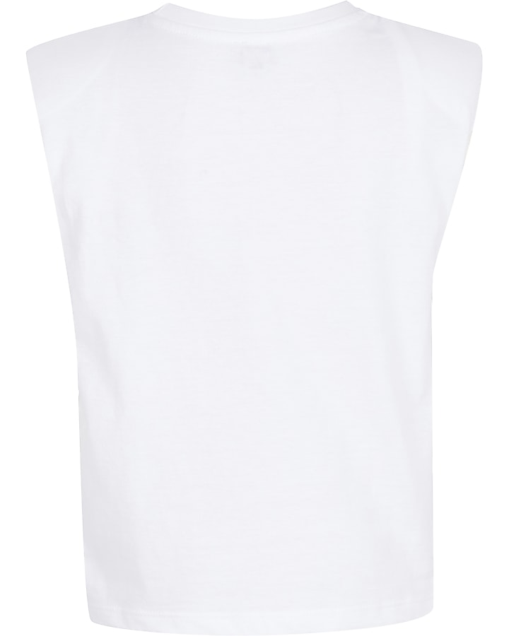 Girls white shoulder pad sleeveless t-shirt