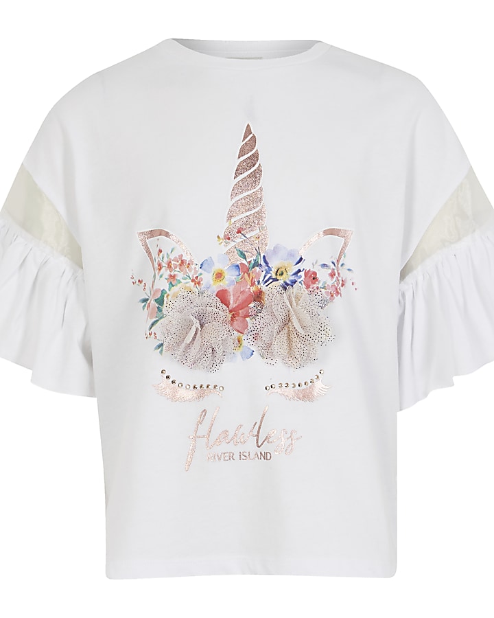 Girls white unicorn corsage t-shirt