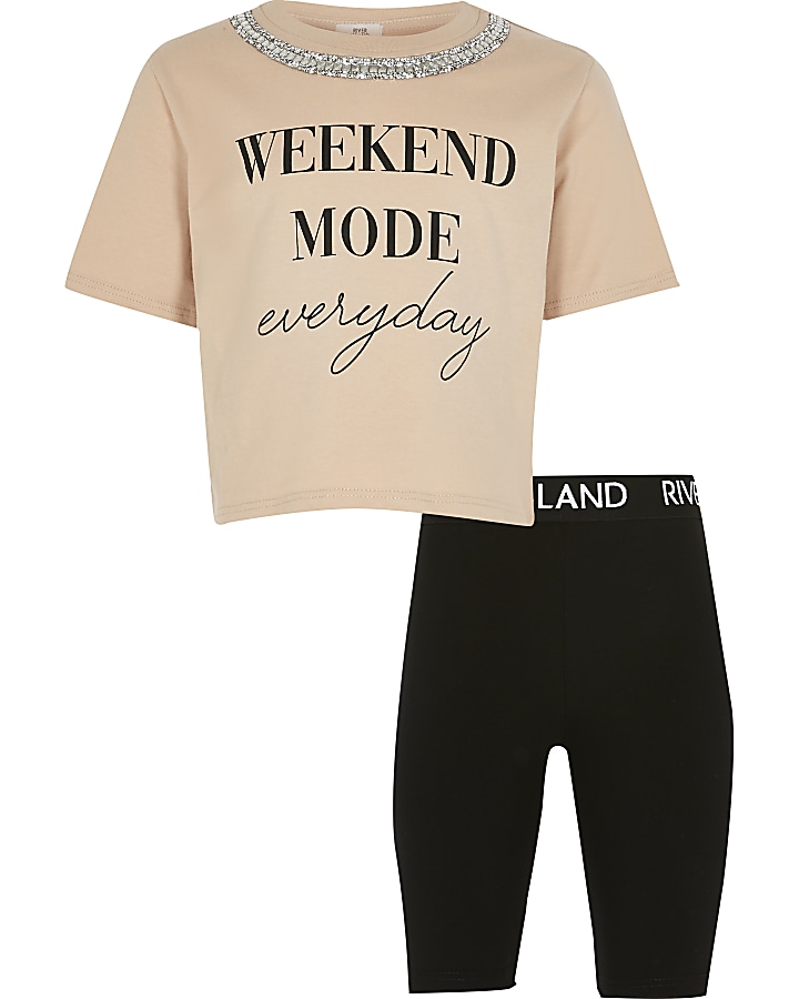 Girls nude 'Weekend Mode' t-shirt outfit