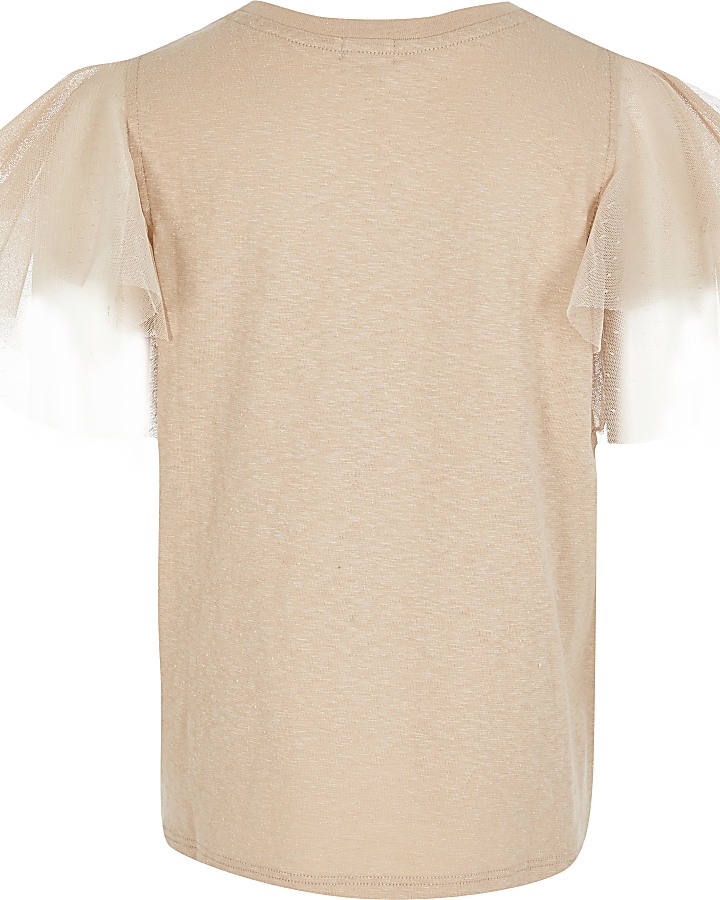 Girls beige necklace mesh sleeve t-shirt