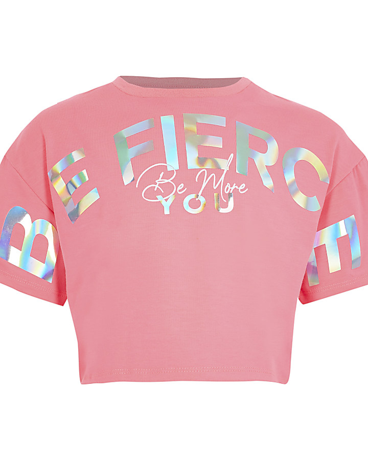 Girls pink Active 'Be fierce' crop t-shirt