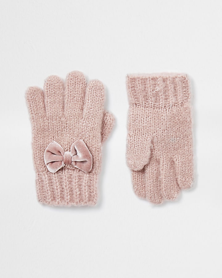 Mini girls pink velvet bow gloves