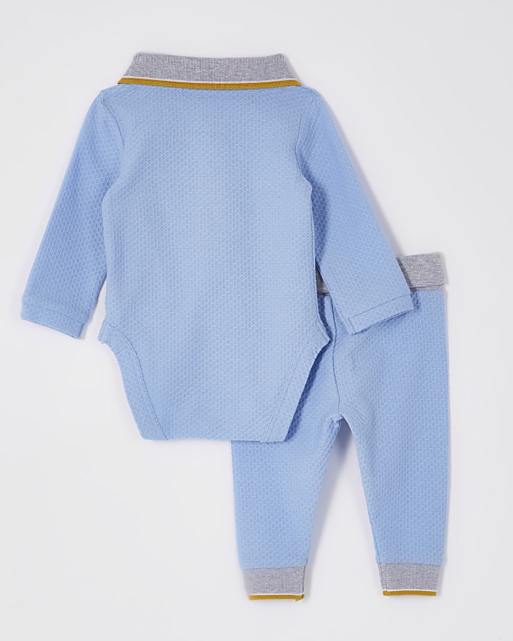 Baby blue textured polo bodysuit outfit