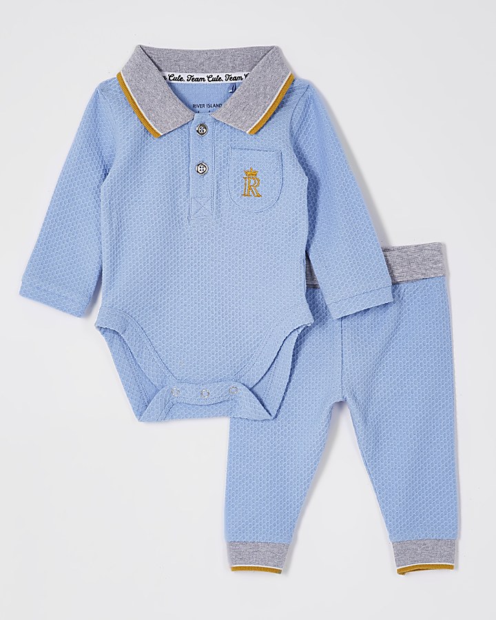 Baby blue textured polo bodysuit outfit