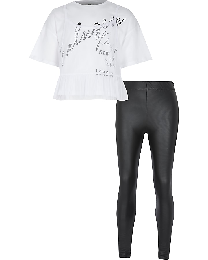 Girls white t-shirt and leggings outfit