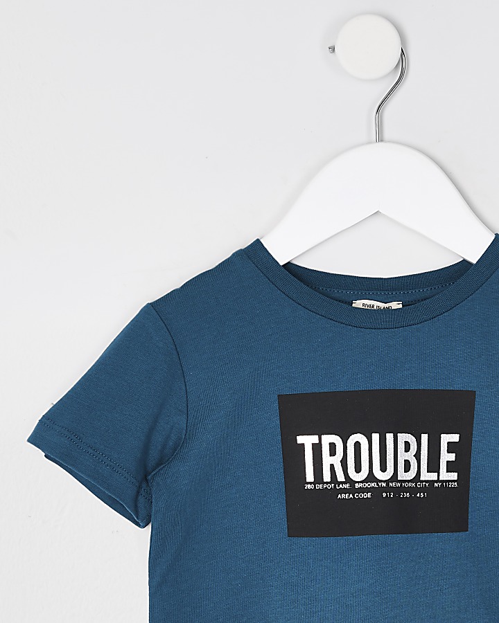 Mini boys teal 'Trouble' box print t-shirt