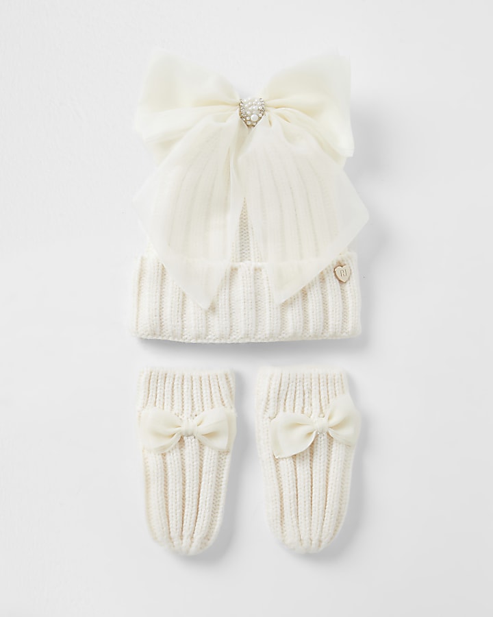 Mini girls cream bow beanie and gloves set