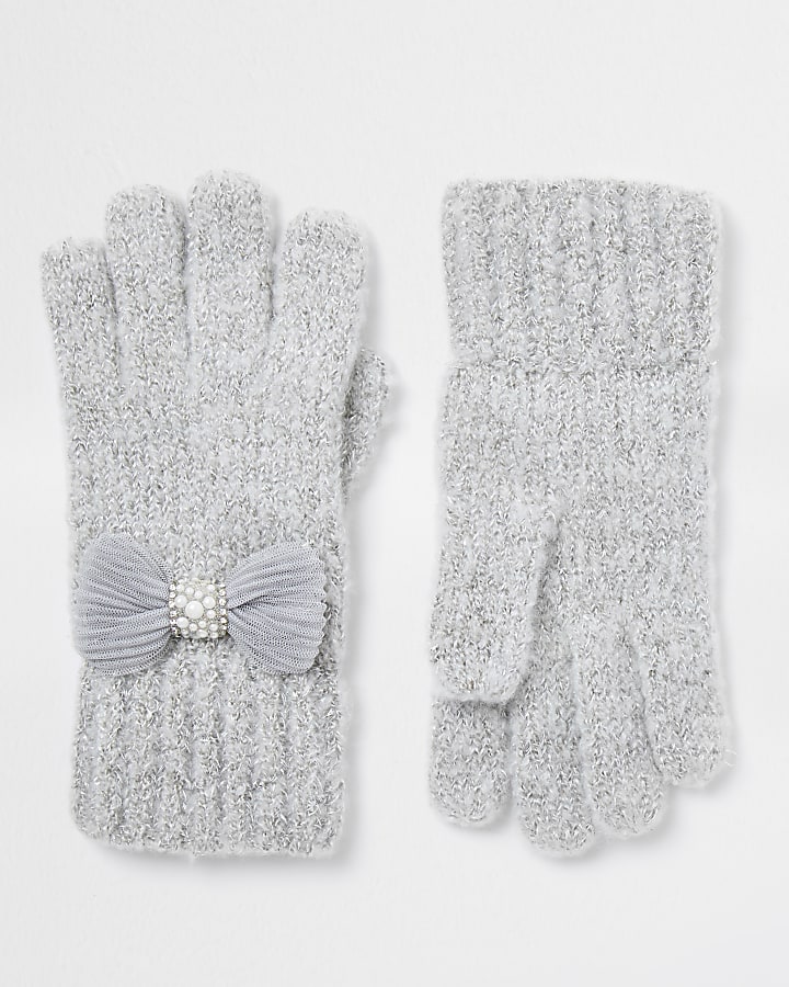 Girls grey tulle bow gloves