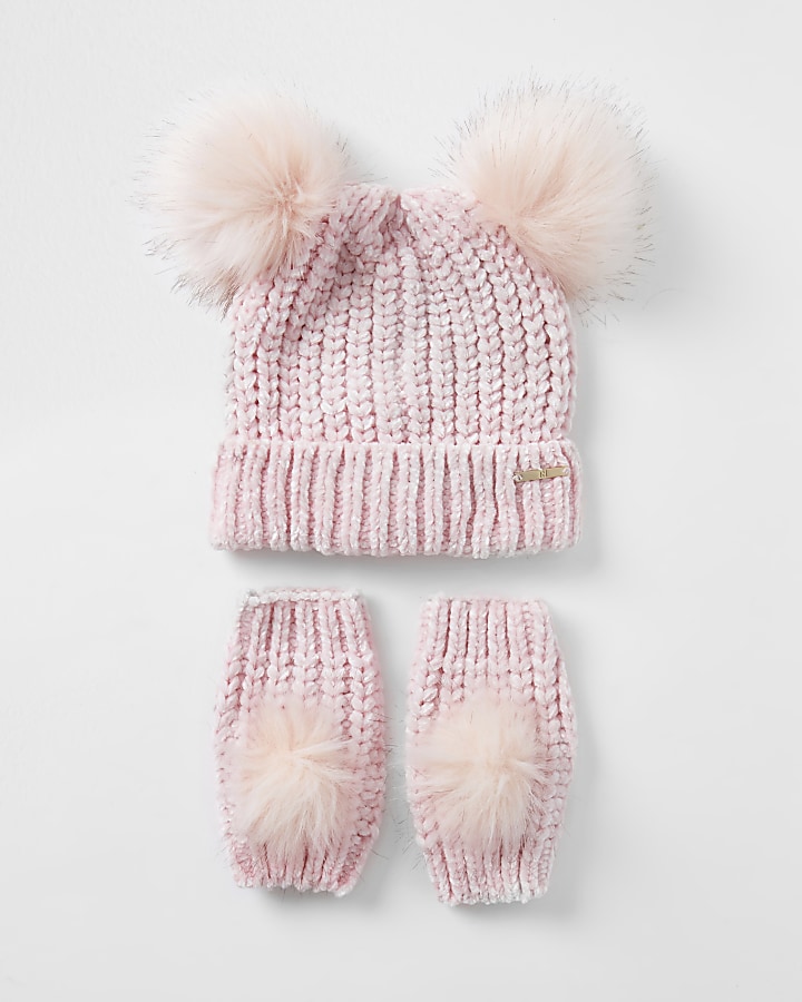 Girls pink chenille hat and glove set