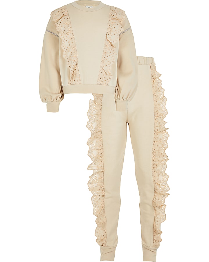 Girls beige broderie frill sweat outfit