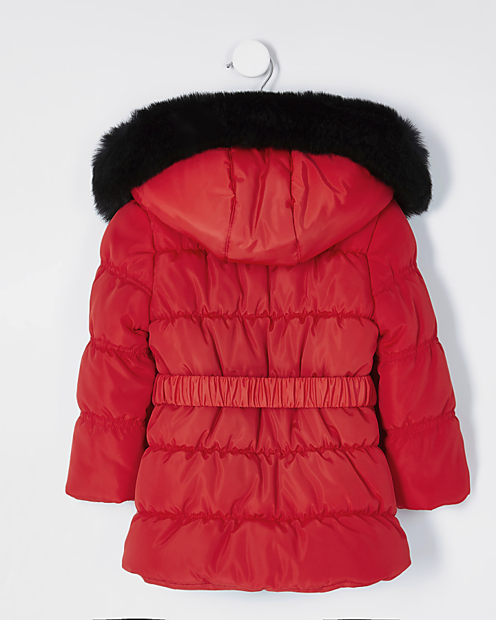 Mini girls red ruched puffer coat