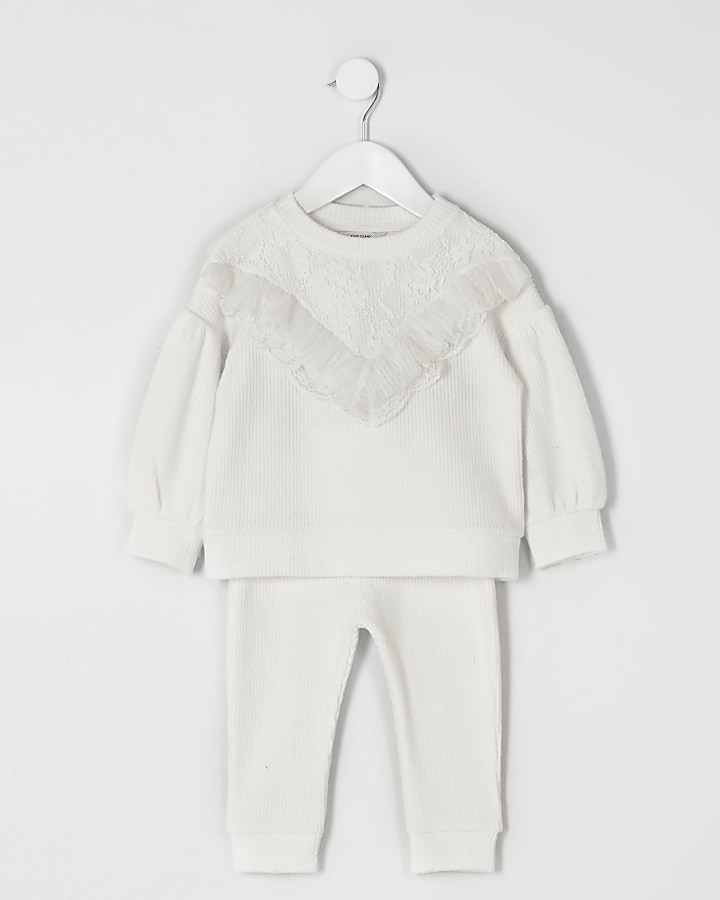 Mini girls cream lace frill cosy sweat outfit