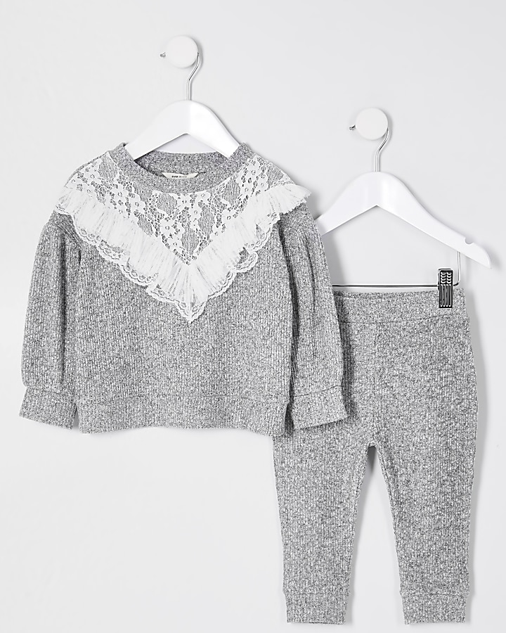 Mini girls grey lace frill cosy sweat outfit