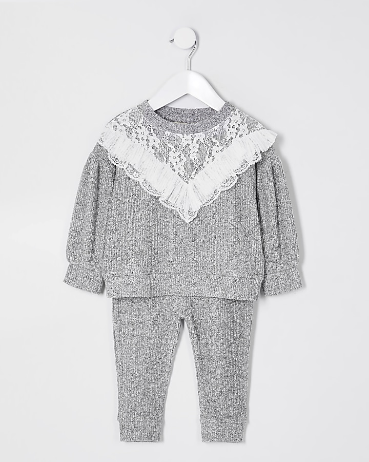Mini girls grey lace frill cosy sweat outfit