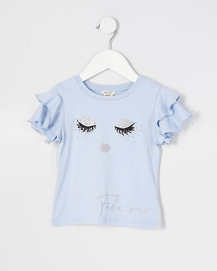 Mini girls blue eyelash face t-shirt