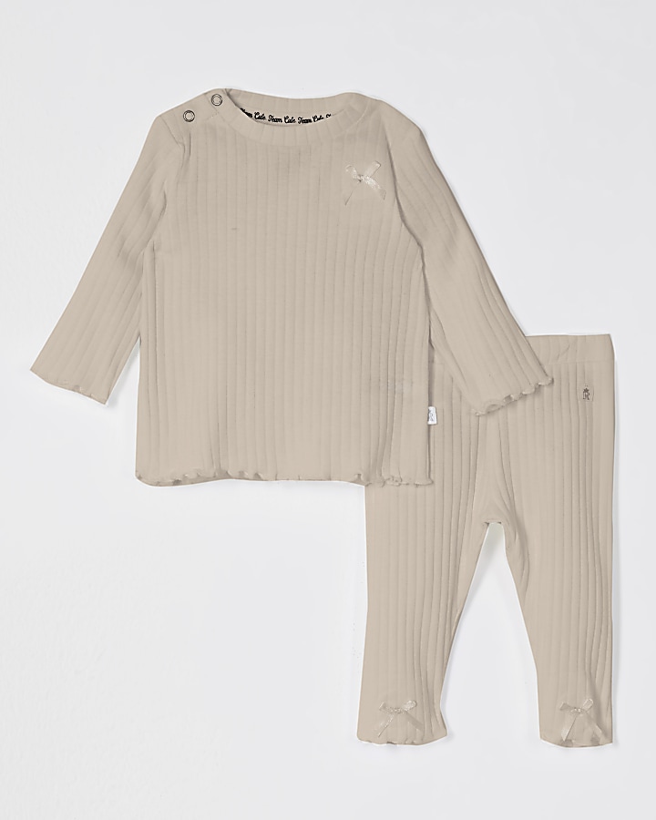 Baby beige ribbed bow legging outfit