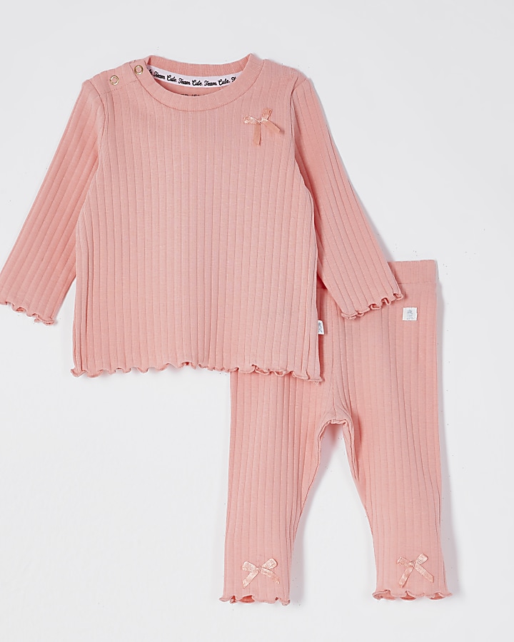 Baby coral ribbed bow leggings outfit