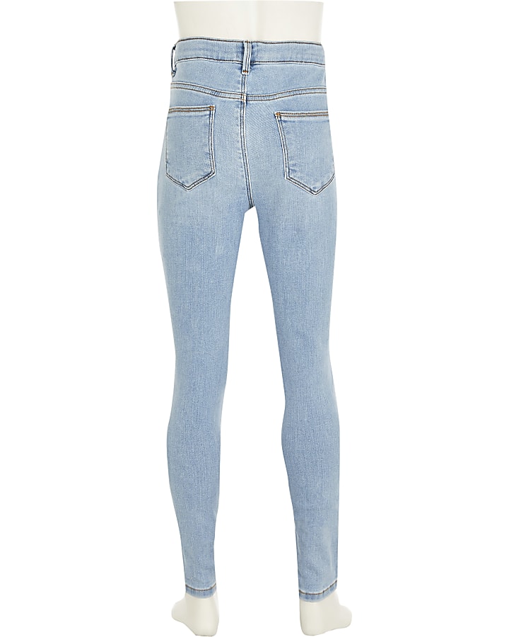 Girls blue ripped skinny high rise jeans