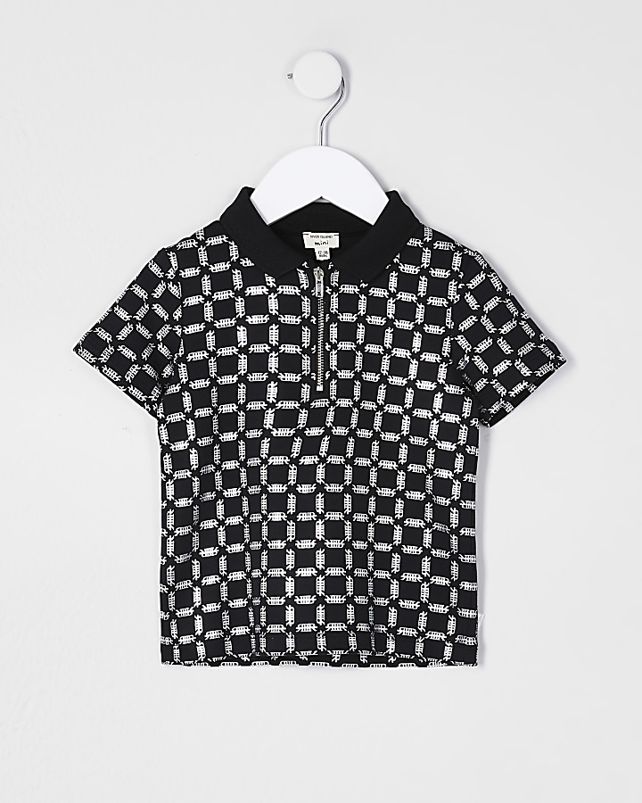Mini boys black foil printed polo shirt
