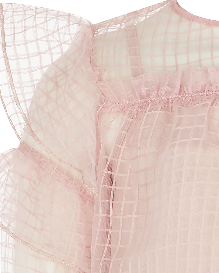 Girls pink grid organza frill top