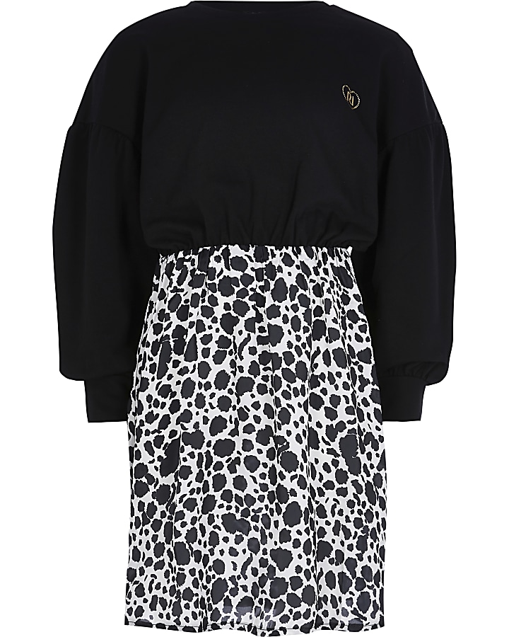 Girls black leopard print sweat dress