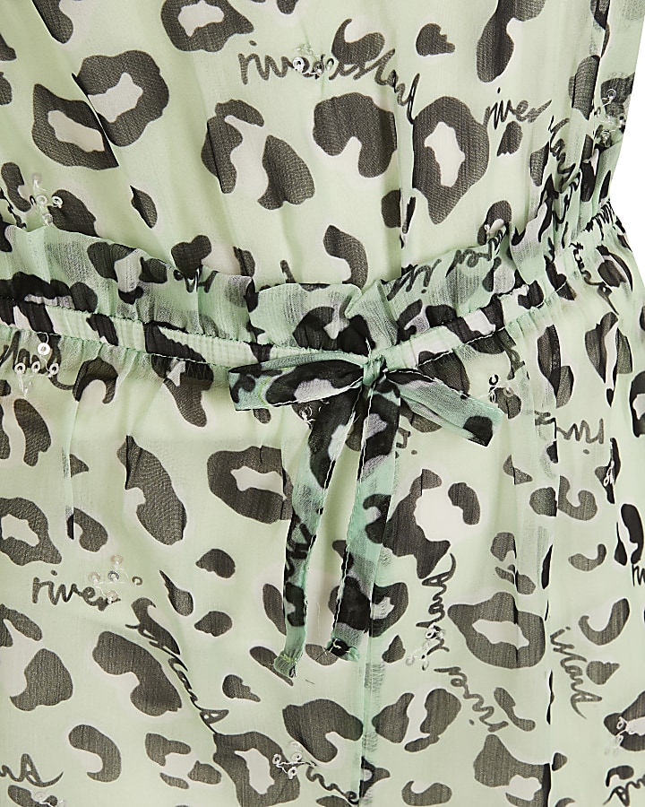 Girls green leopard print paperbag playsuit