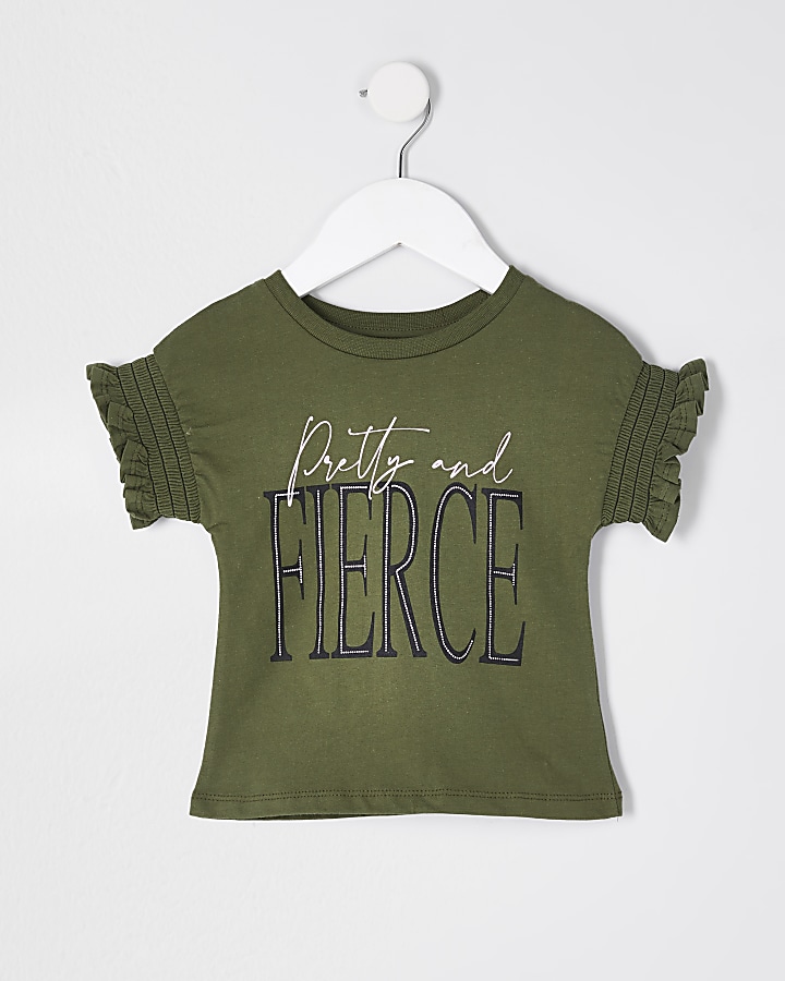 Mini girls khaki 'Fierce' frill t-shirt