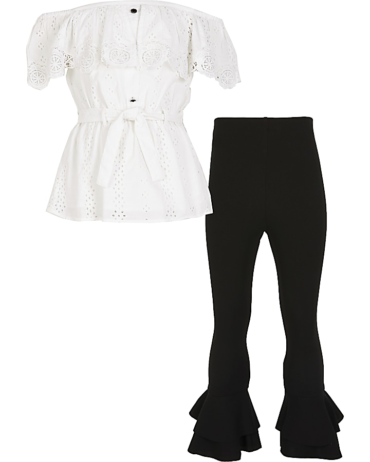 Girls white broiderie bardot outfit