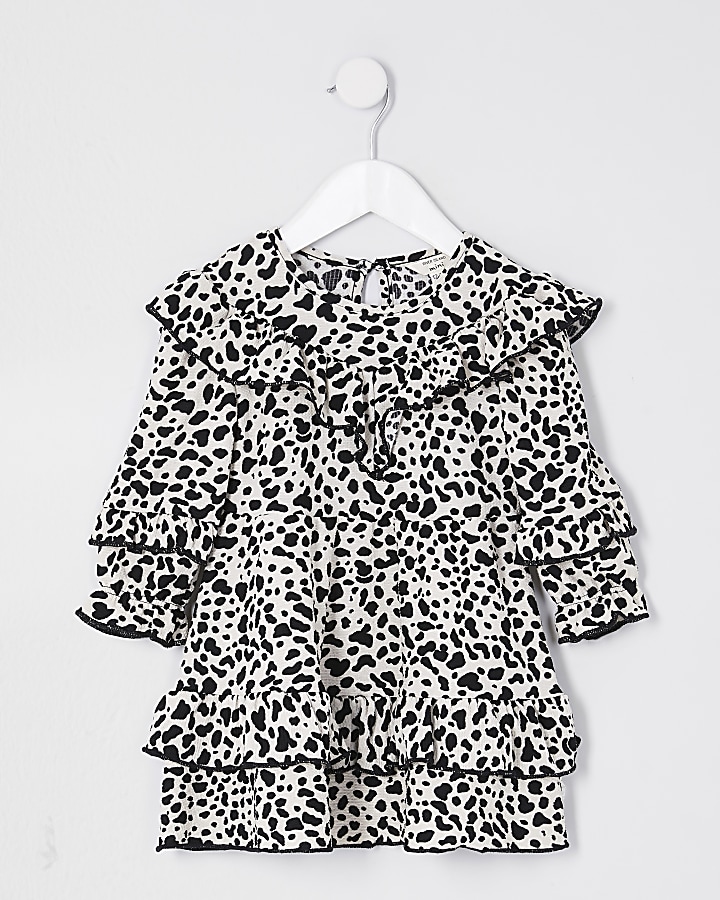 Mini girls black leopard frill dress