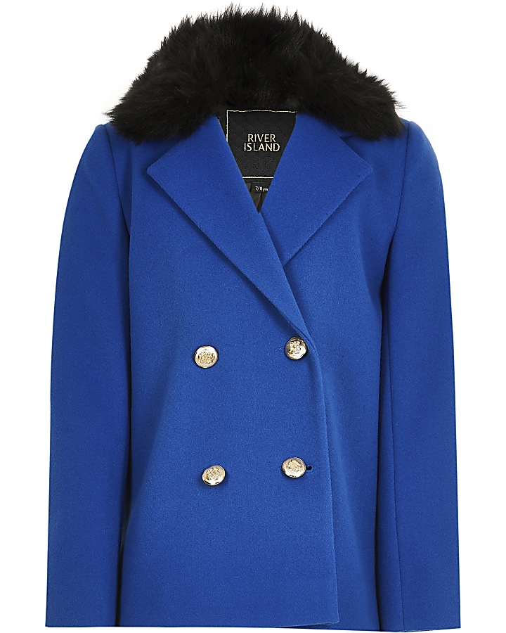 Girls blue double breasted fur trim coat