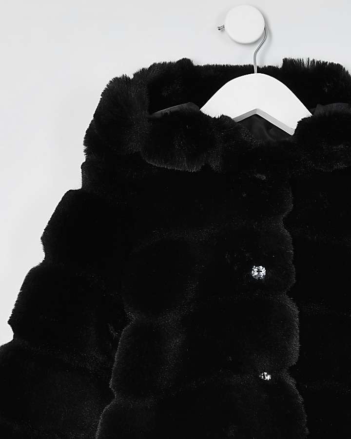 Mini girls black faux fur hood coat