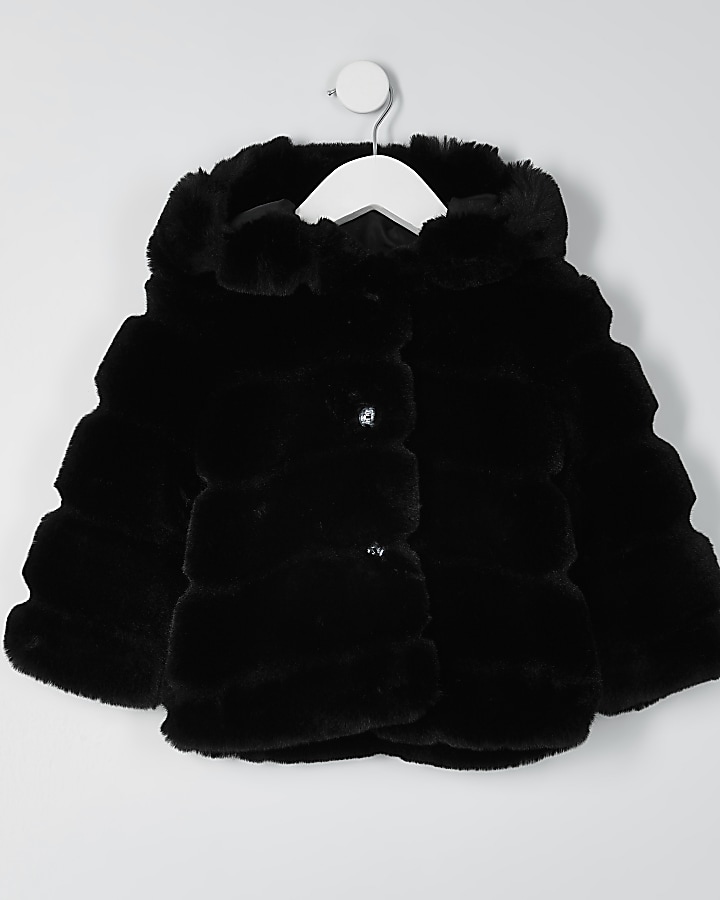 Mini girls black faux fur hood coat