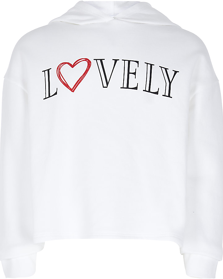 Girls white 'Lovely' print hoodie