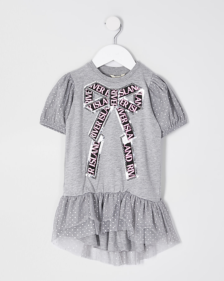Mini girls grey sequin bow t-shirt dress