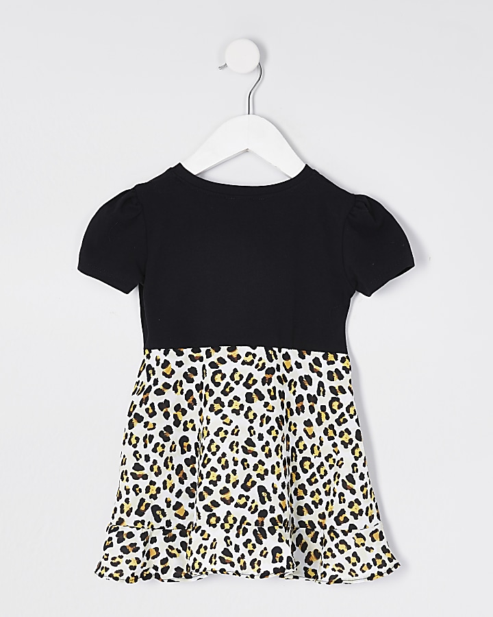 Mini girls black leopard print hybrid dress