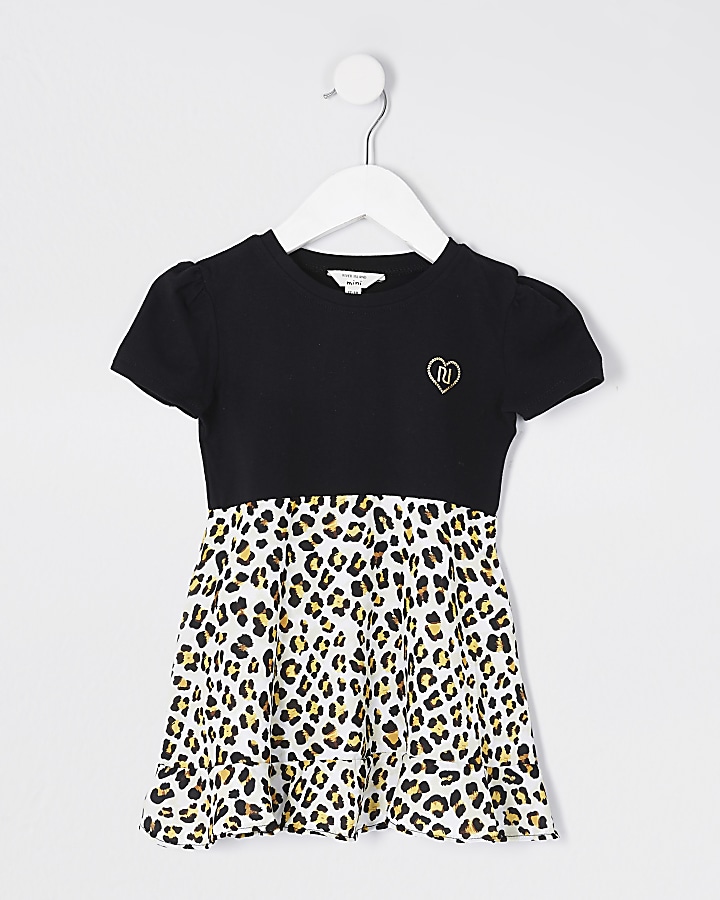 Mini girls black leopard print hybrid dress