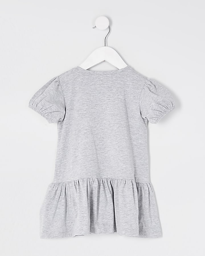 Mini girls grey bag print smock dress
