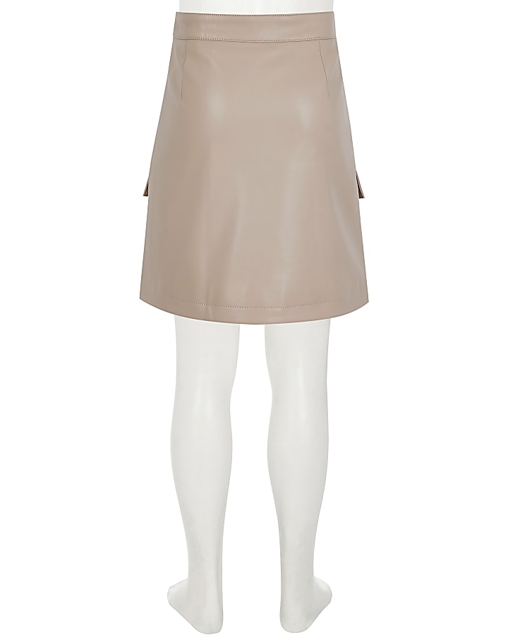 Girls beige faux leather zip front skirt