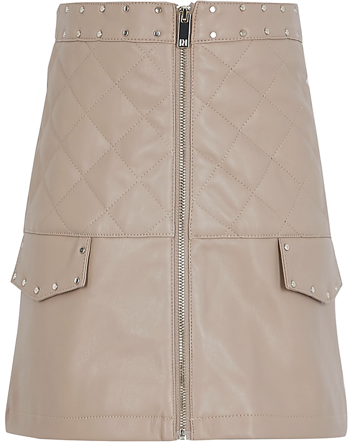 Girls beige faux leather zip front skirt