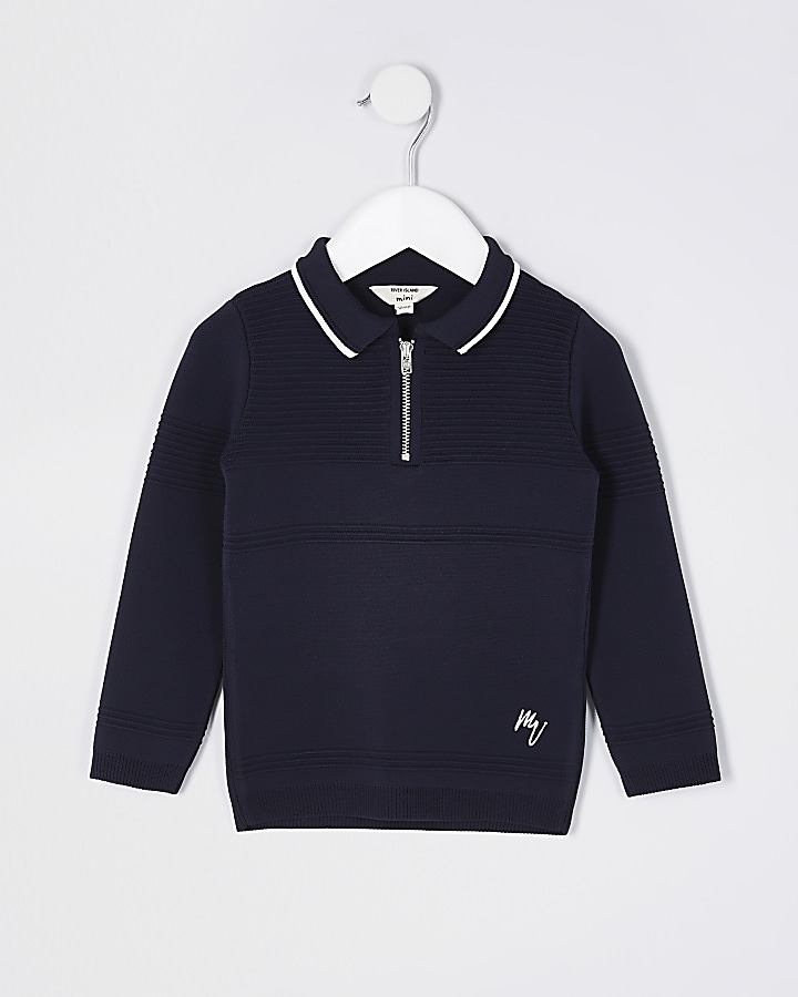 Mini boys navy knitted polo shirt