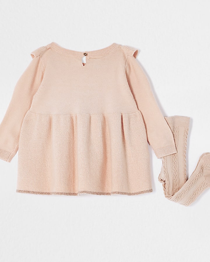 Baby pink knit frill dress and socks outfit