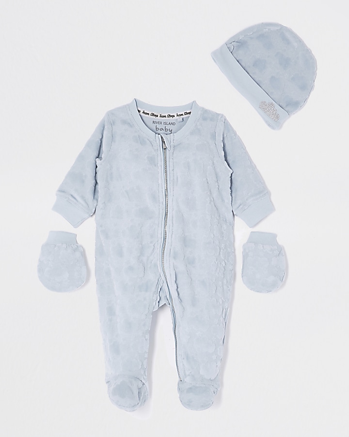 Baby blue velour cloud sleepsuit set