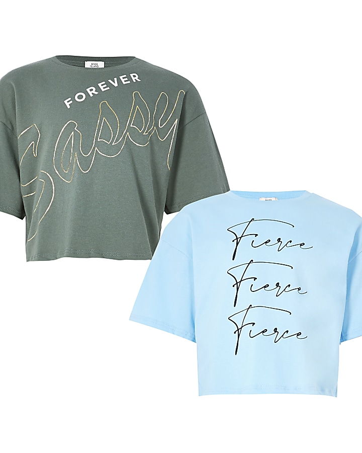 Girls blue 'Fierce' printed t-shirt 2 pack
